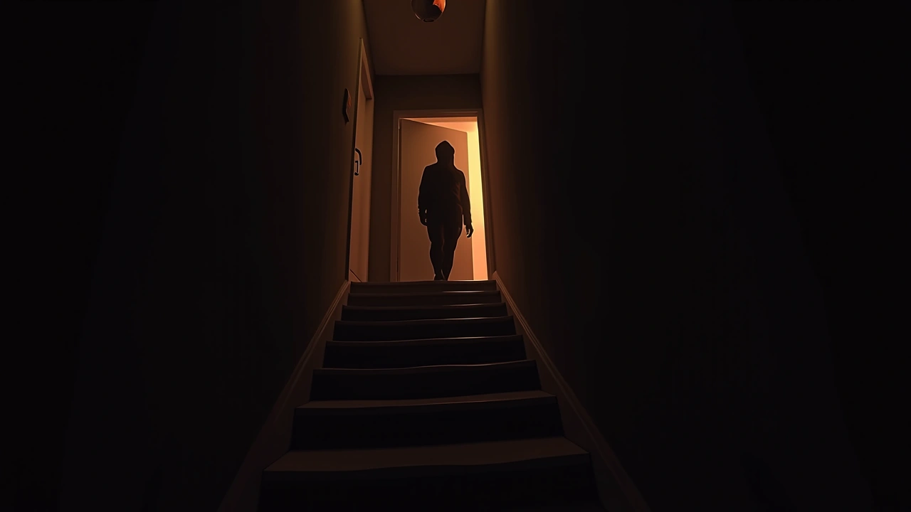 Illustration: A dark staircase leading up into shadow, seen from the bottom of a quiet house at night.