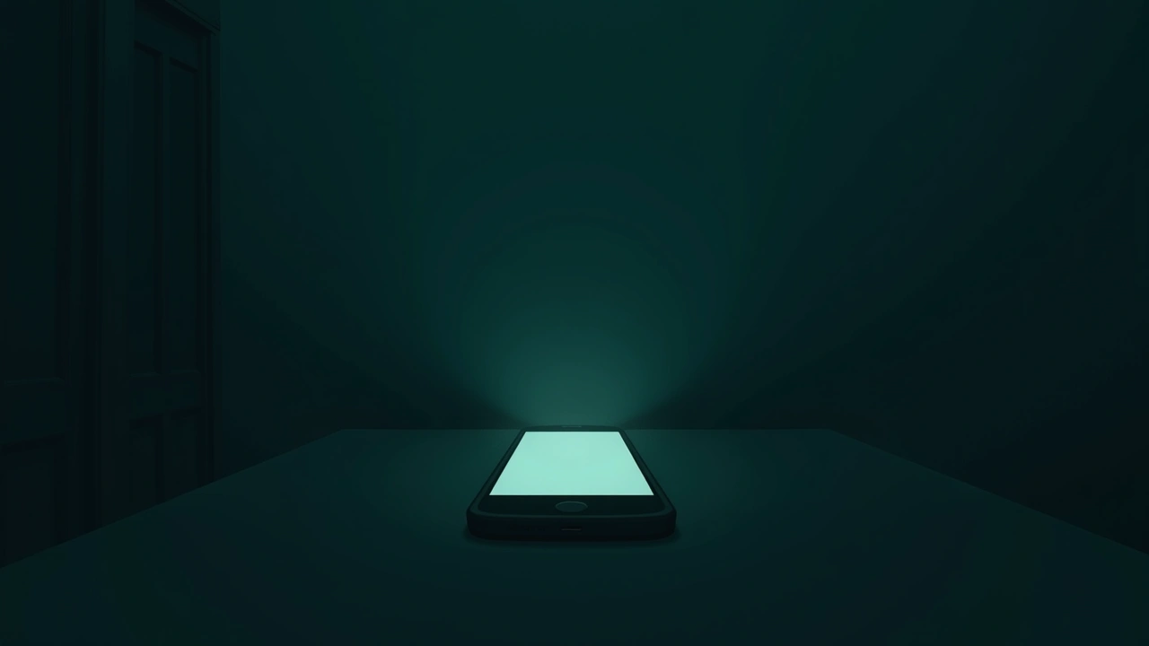Illustration: a smartphone glowing on a dark table in an otherwise empty room at night.