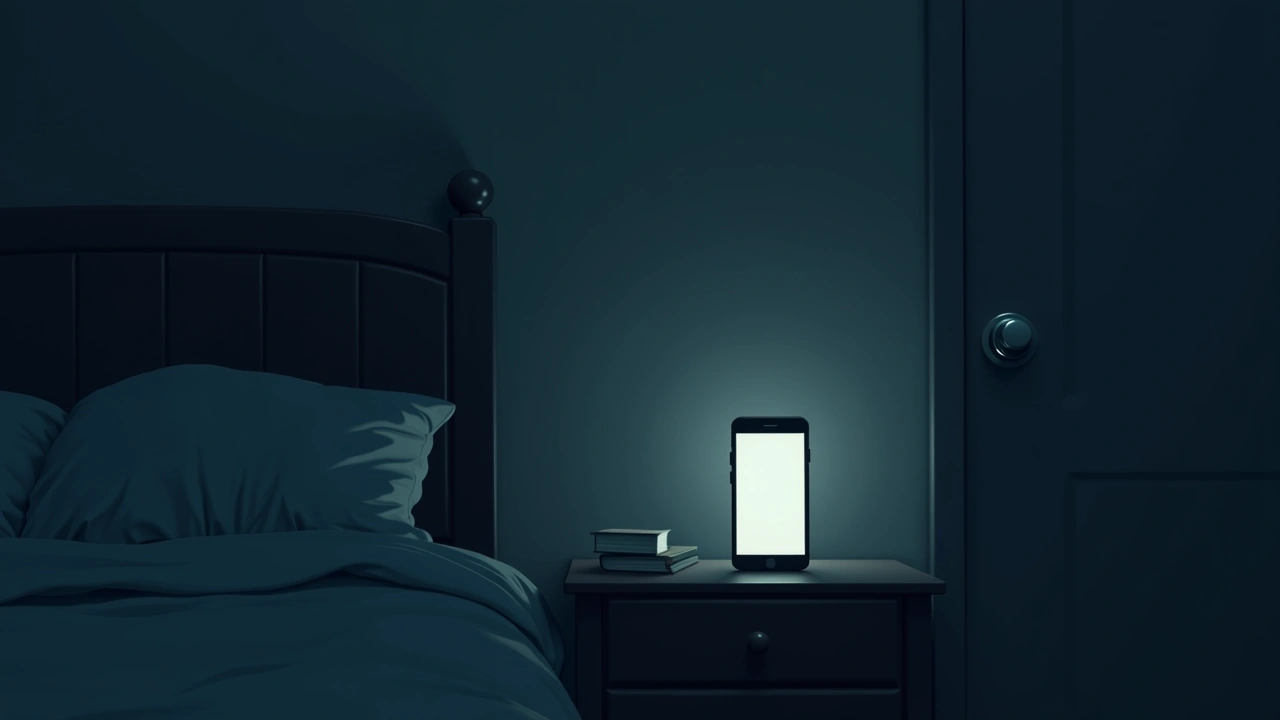 Illustration: a smartphone screen glowing on its own on a dark bedroom nightstand.
