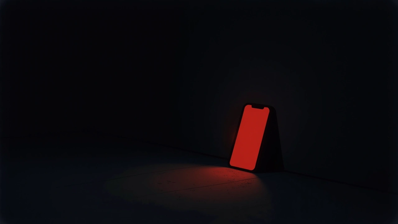 Illustration: a phone screen flashing deep red in a dark, empty room.