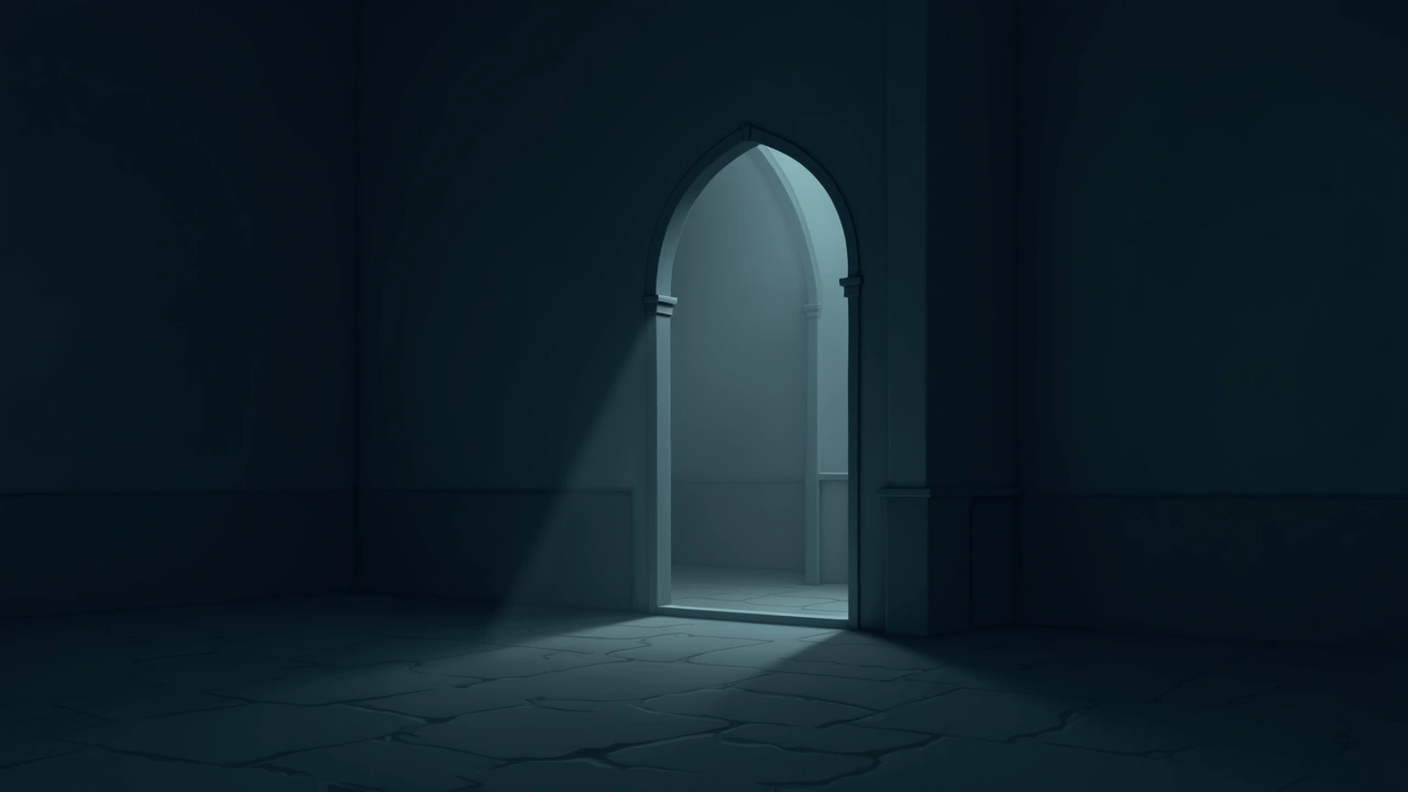 Illustration: A dim, shadowed corner inside a quiet religious building.