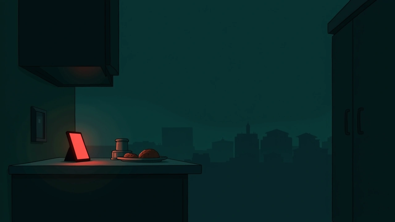 Illustration: a phone glowing red on a kitchen counter beside breakfast preparations.