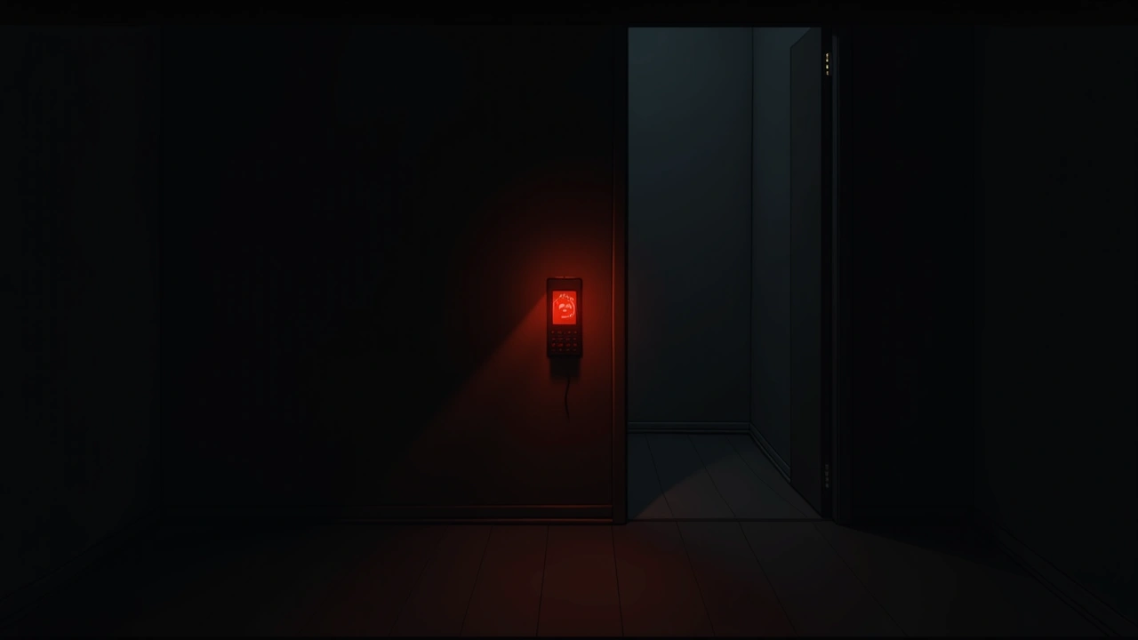 Illustration: a phone's meter glowing red in a dark room, dread building in the silence.