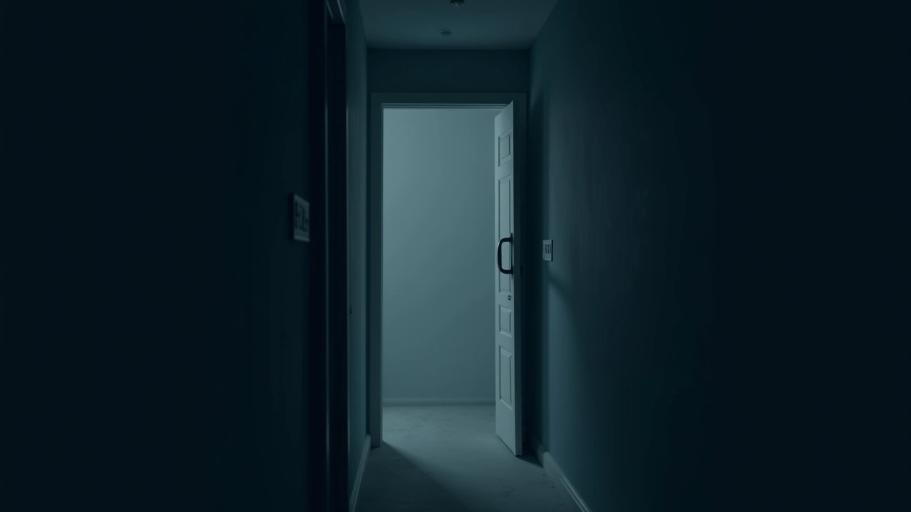Illustration: a shadowy home hallway at night with an unsettled, foreboding atmosphere.