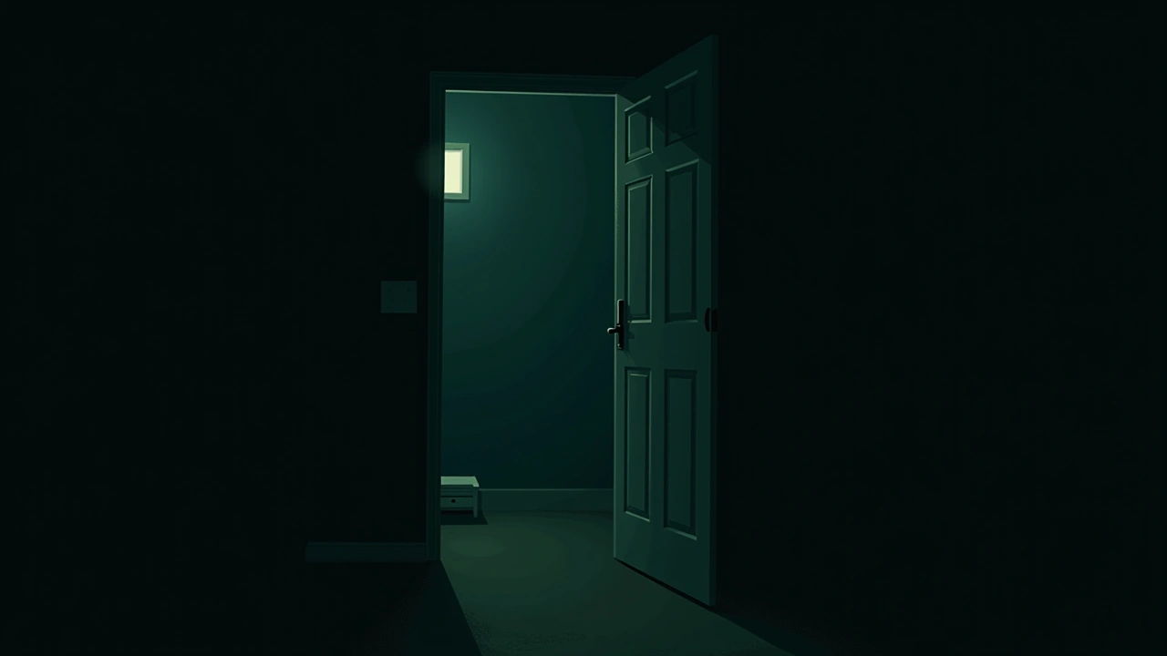 Illustration: a dim bedroom doorway at night, a faint glow from a phone screen.