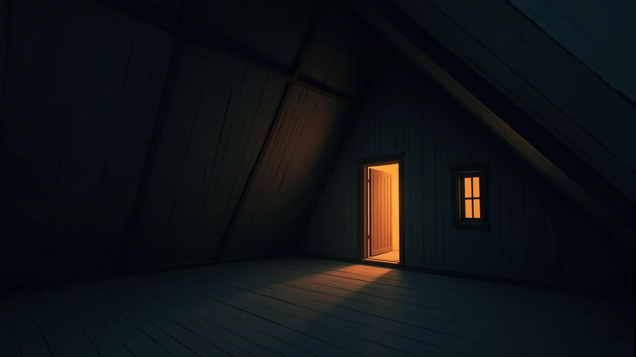 Illustration: an old attic turret room in a Victorian-style house, dim evening light.