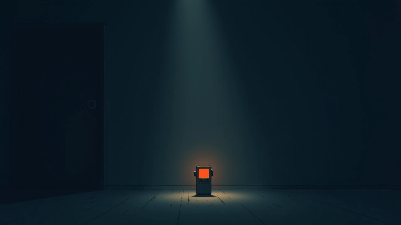 Illustration: a small handheld radar device glowing orange in a dark room.