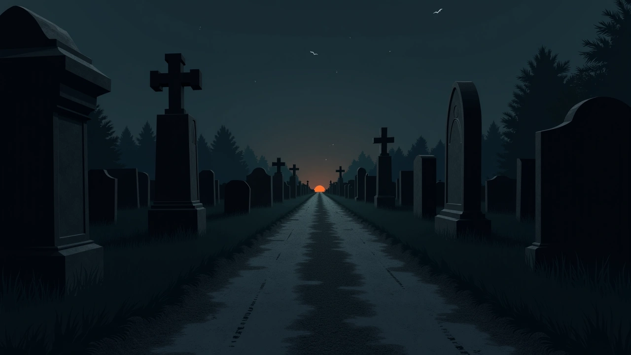 Illustration: a gravel road leading into an old cemetery at dusk, weathered tombstones lining the path.