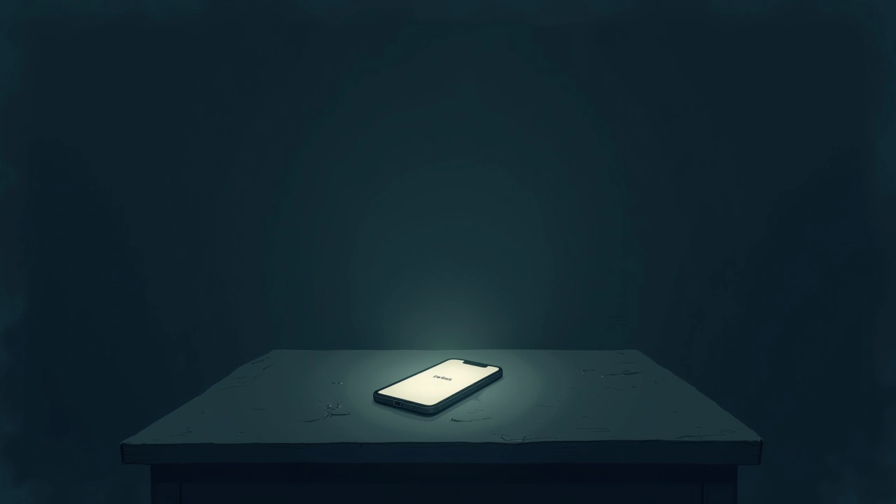 Illustration: a phone glowing on a table in a dim room, its screen displaying a single word.