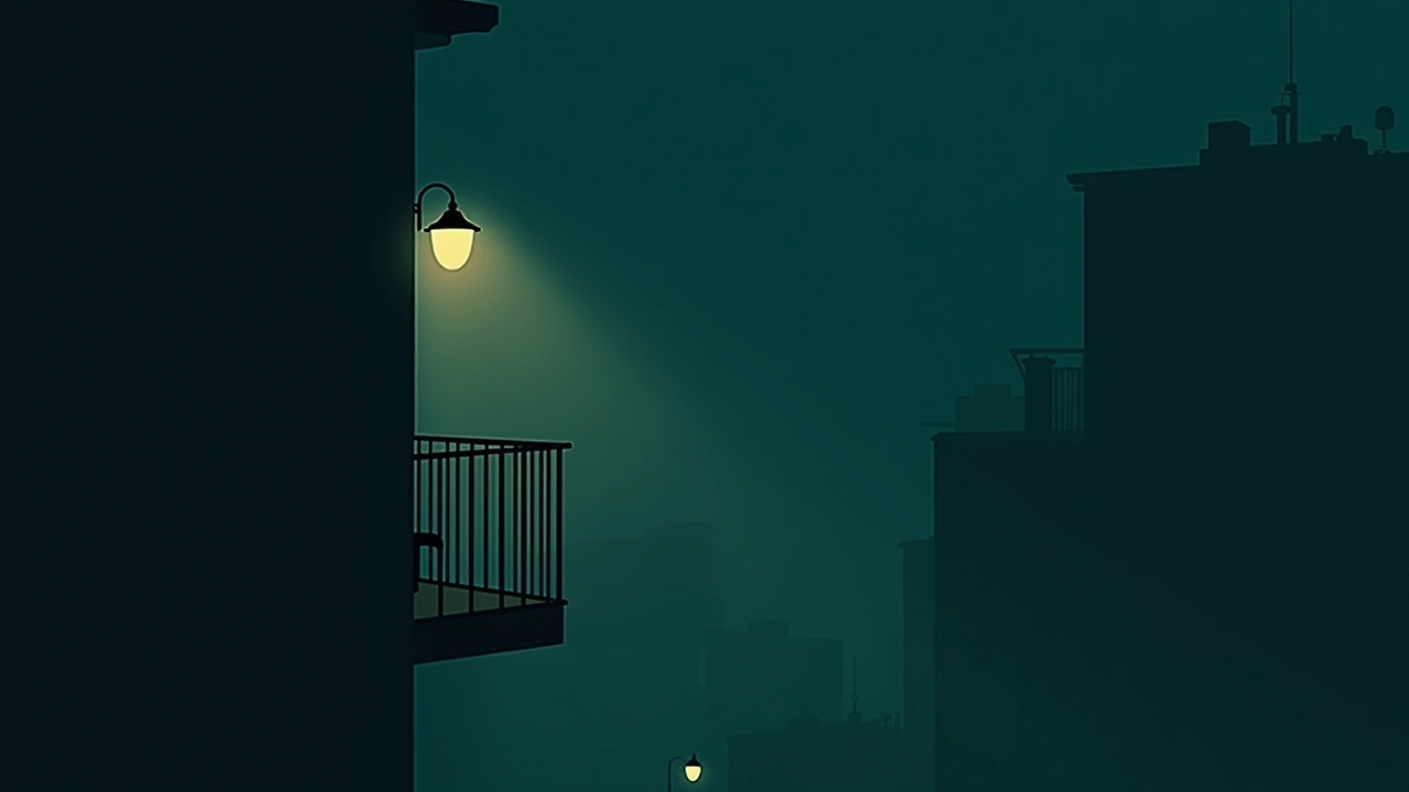 Illustration: a balcony at night with the lights just switched on.