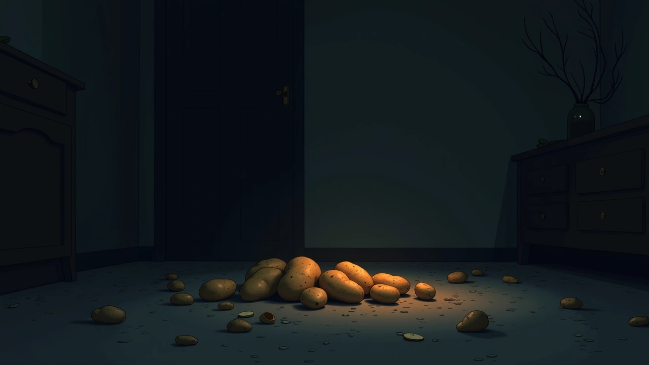 Illustration: potatoes scattered across a living room floor in dim light.