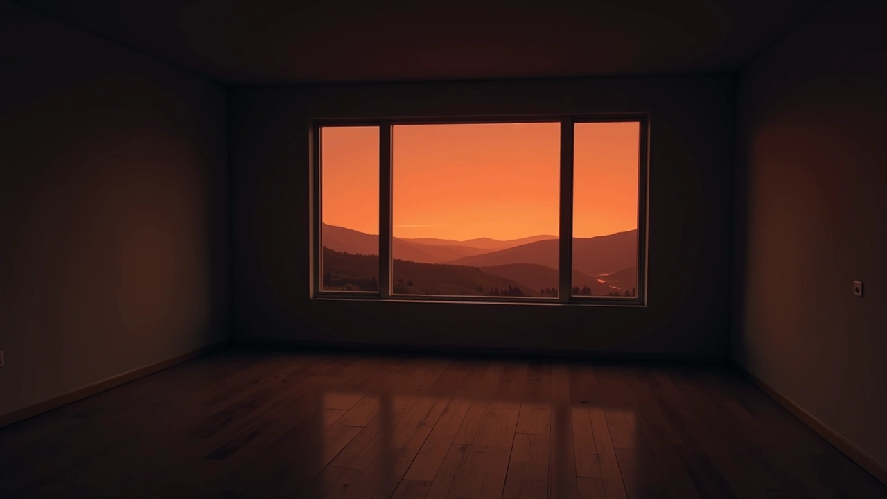 Illustration: a bare room in a new house, a wide window looking out over a valley at dusk.