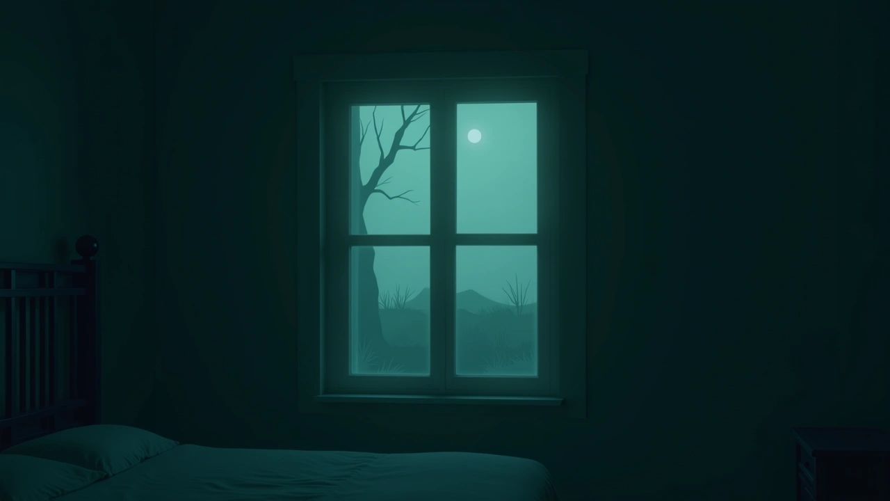 Illustration: a bedroom window rattling in the dark from a loud, unexplained sound outside.