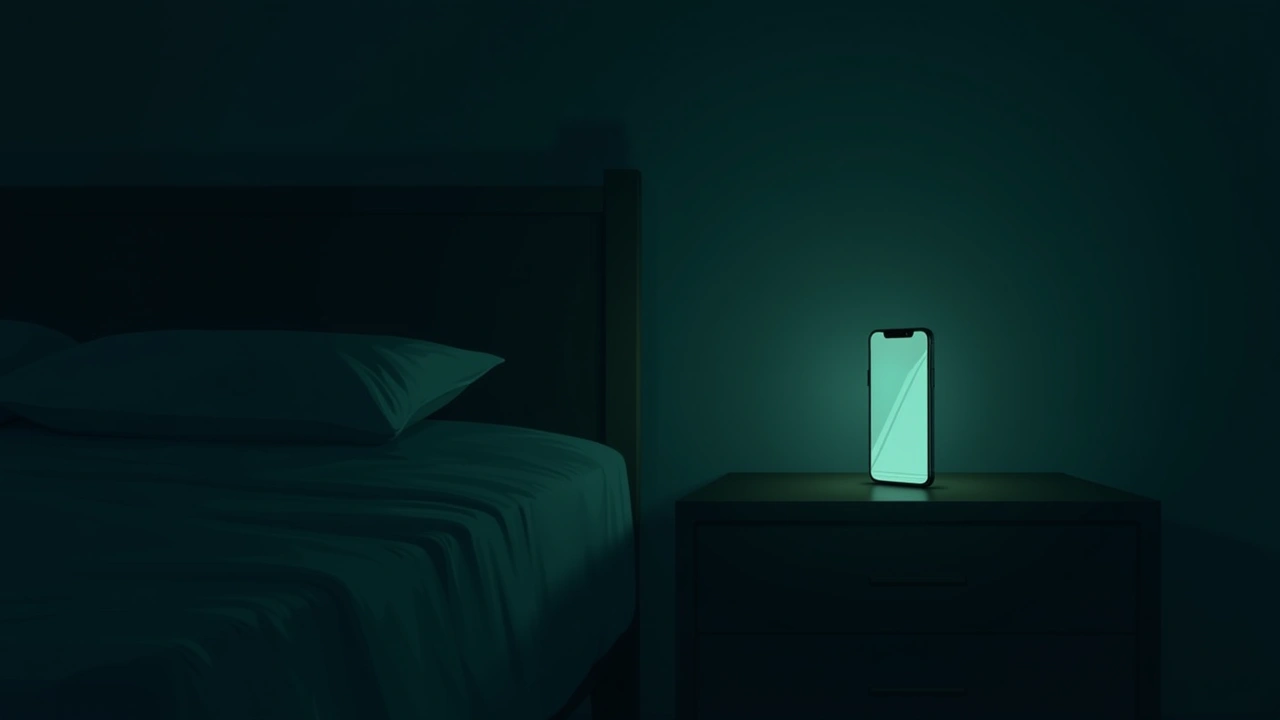 Illustration: a smartphone glowing faintly on a nightstand in a dark room at night.