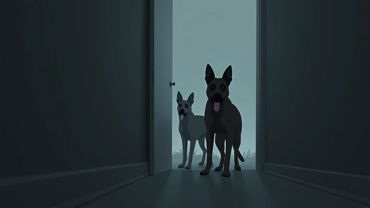 Illustration: two German shepherd dogs alert in a dim room, ears back and watchful.