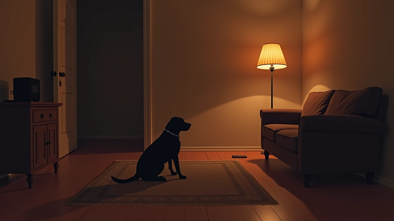 Illustration: a dog sitting on a rug in a softly lit living room.
