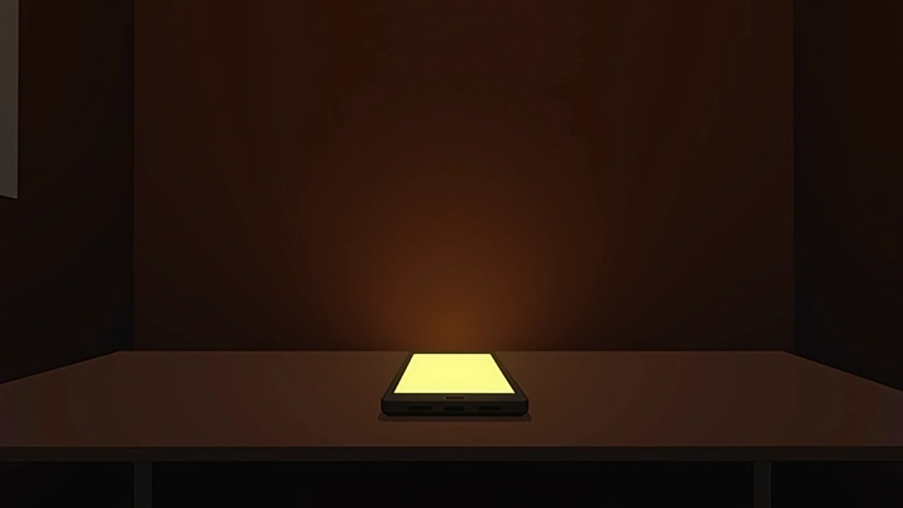 Illustration: an old smartphone glowing softly on a table in a quiet, dim room.