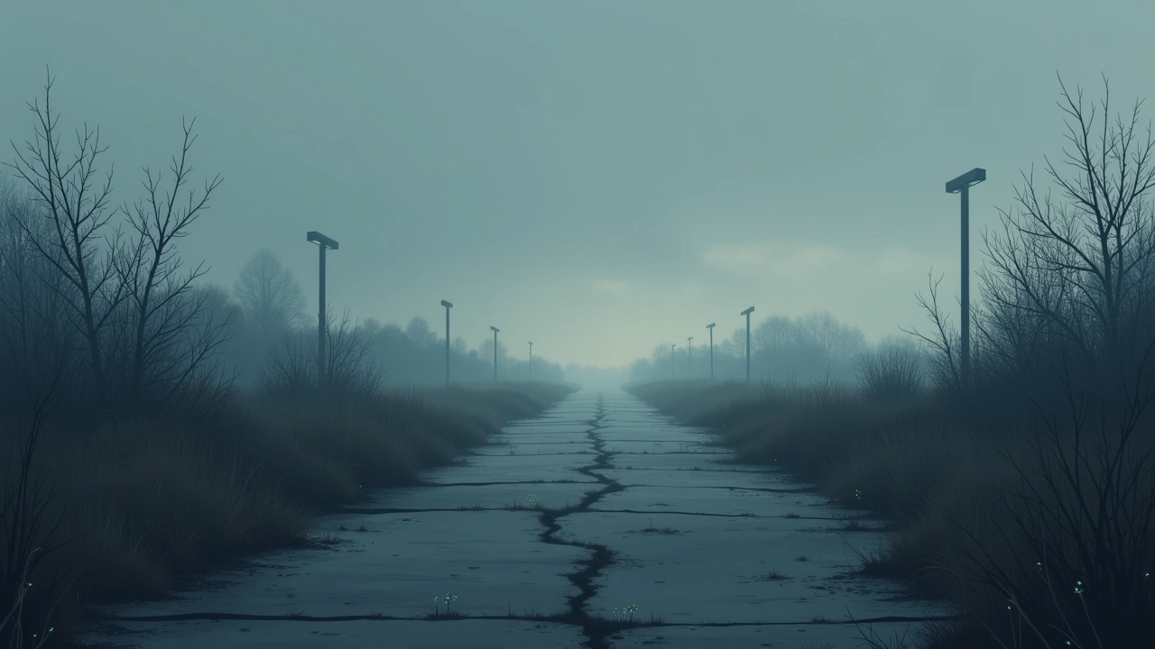 Illustration: an overgrown abandoned lot at dusk, weeds and cracked pavement under a fading sky.