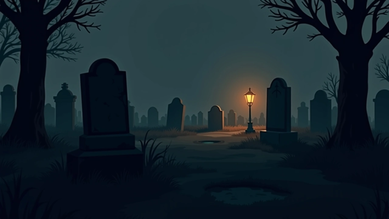 Illustration: a solitary weathered grave marker in a New Orleans cemetery under overcast skies.
