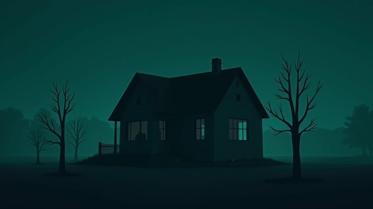 Illustration: An abandoned house at night, its windows dark.