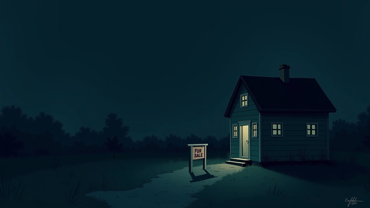 Illustration: a house with a for-sale sign in front, seen at dusk.