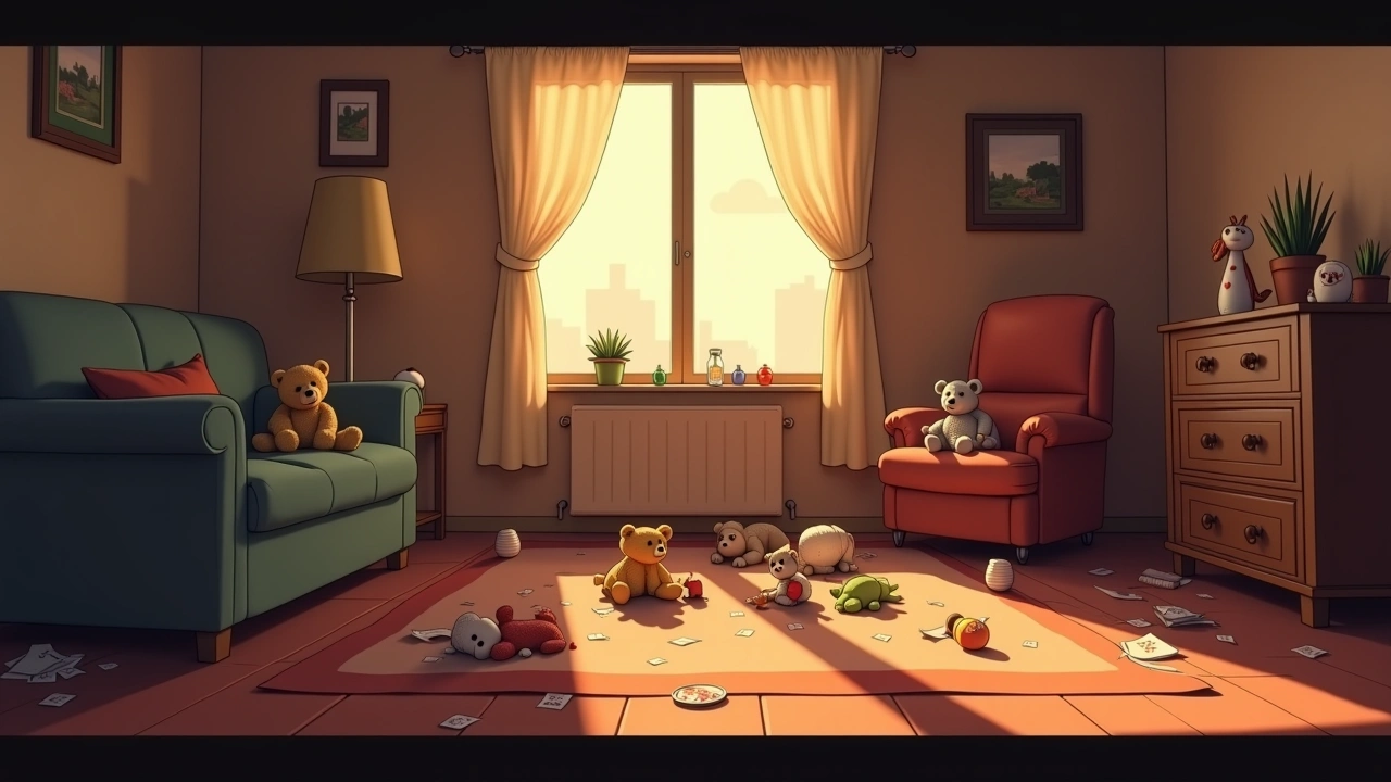 Illustration: a sunlit living room mid-chaos with toys scattered across the floor.