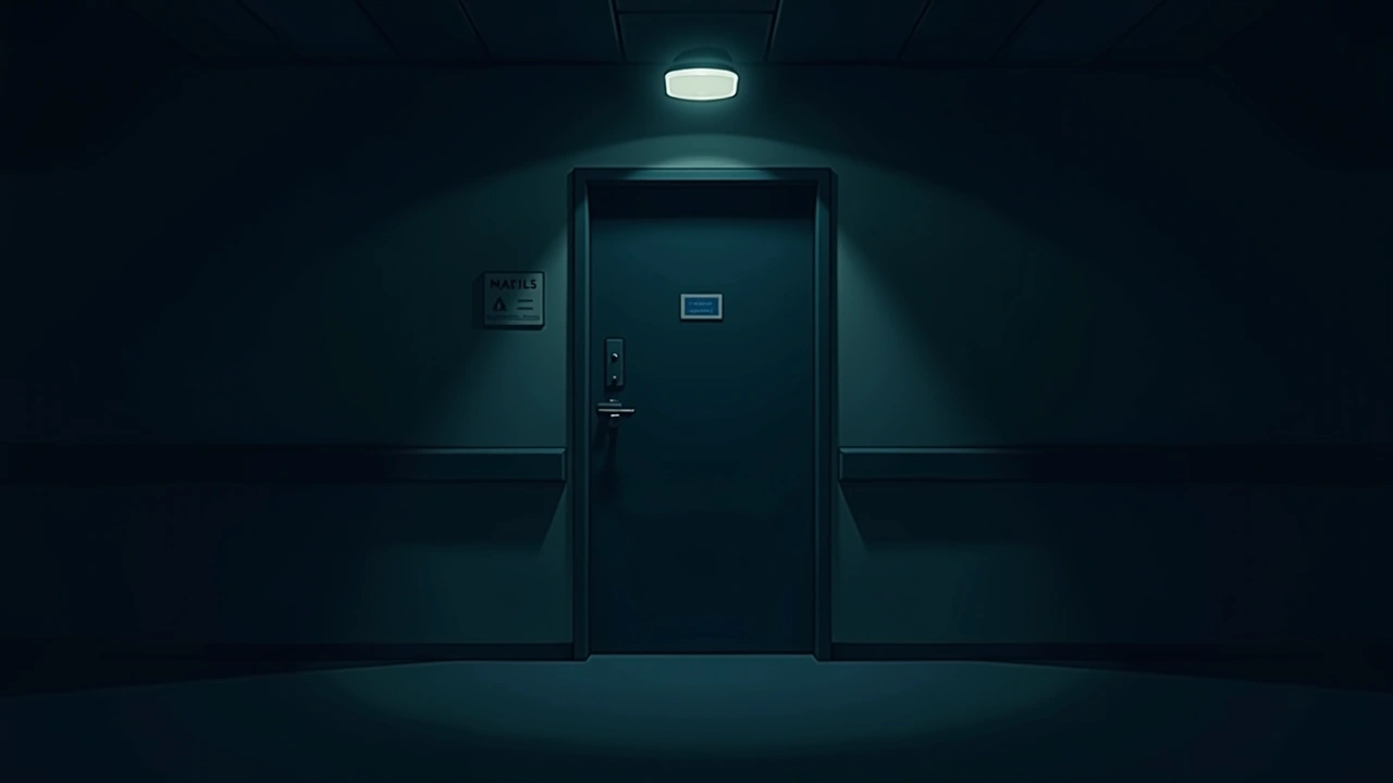 Illustration: a dim, empty hospital corridor at night with a closed door.