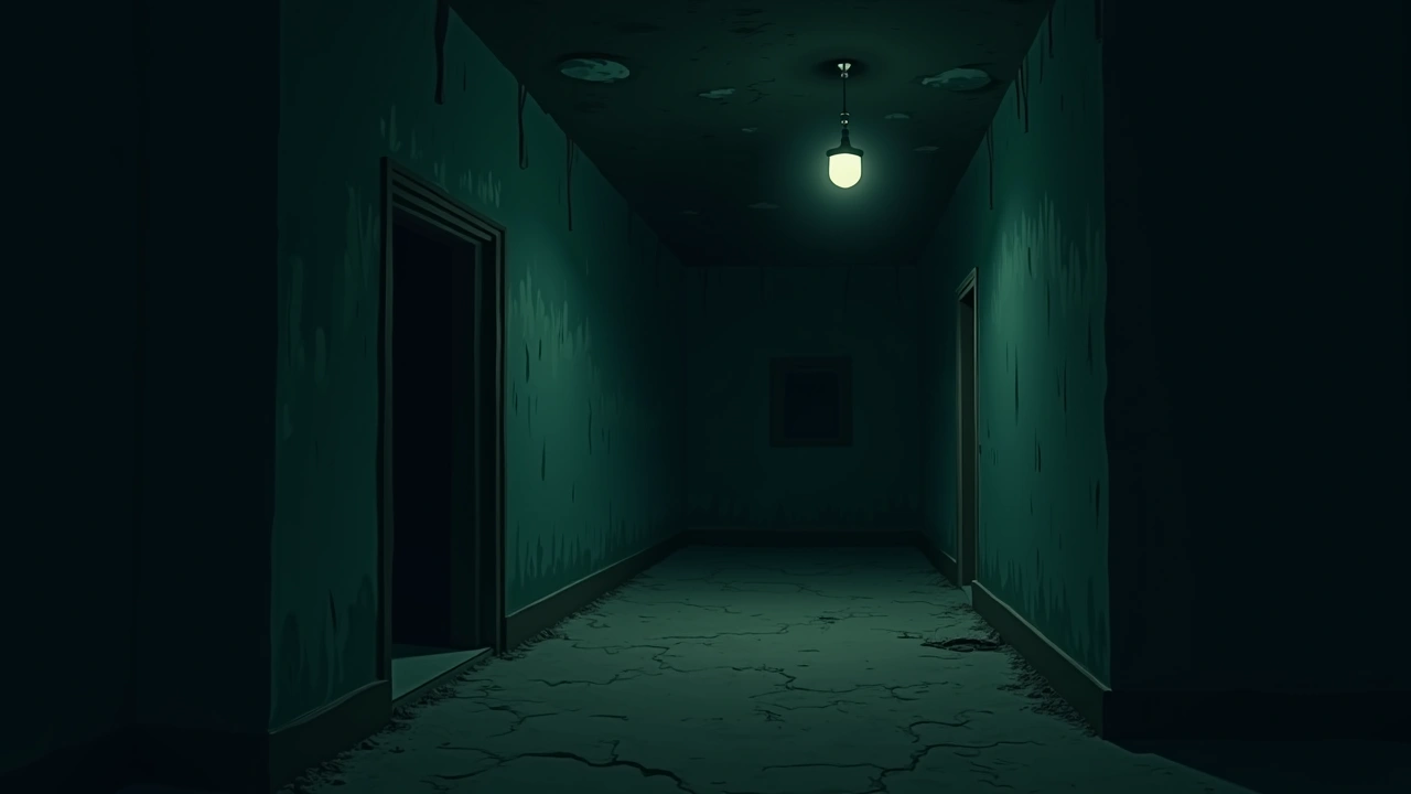 Illustration: a dim, creepy basement in an old house at night.