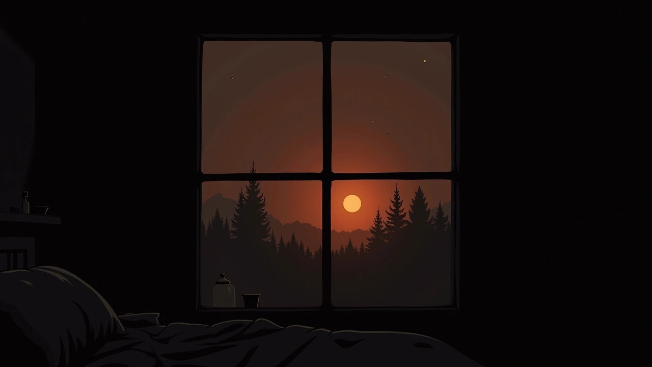 Illustration: a dark bedroom window at night lit by a single lamp, no trees outside.