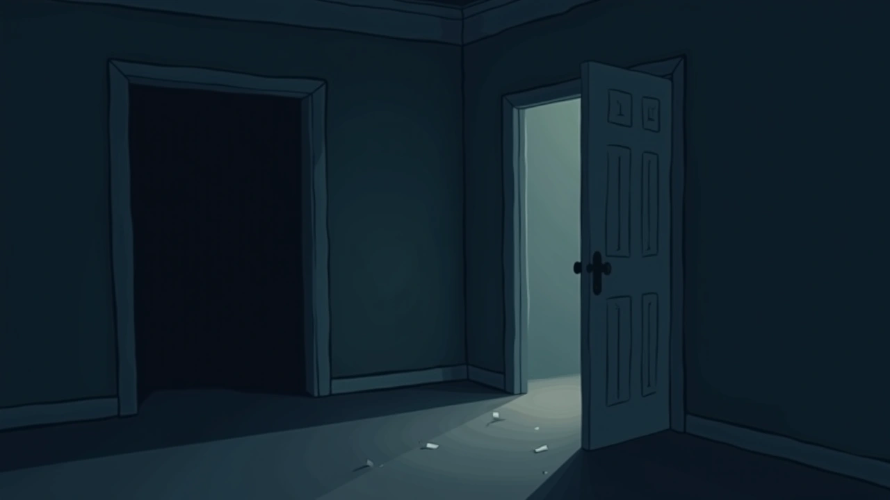 Illustration: a front door swinging open in a dim hallway at night.