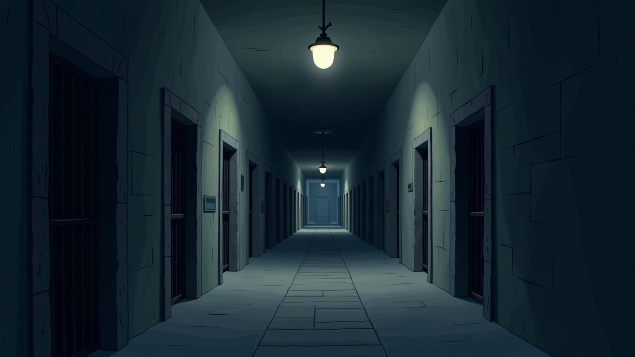 Illustration: the dim stone corridor of a historic jail cell block at night.