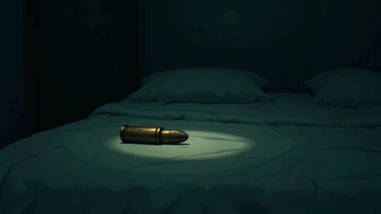 Illustration: a tarnished antique bullet resting on a bed in dim light.