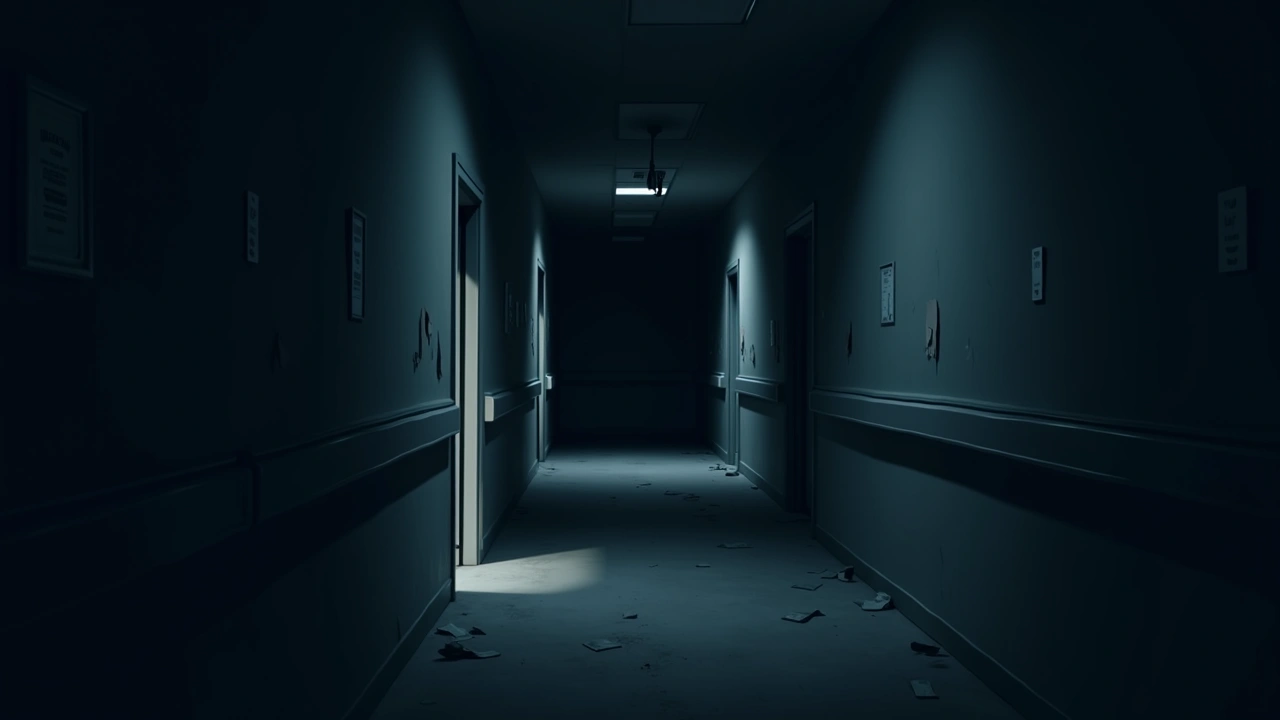 Illustration: a dim, abandoned hospital corridor with peeling walls.