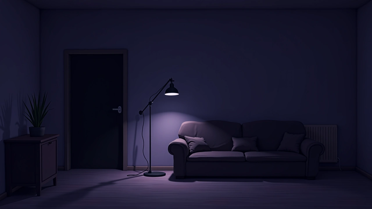 Illustration: a dim, quiet living room at night with a single lamp casting long shadows.