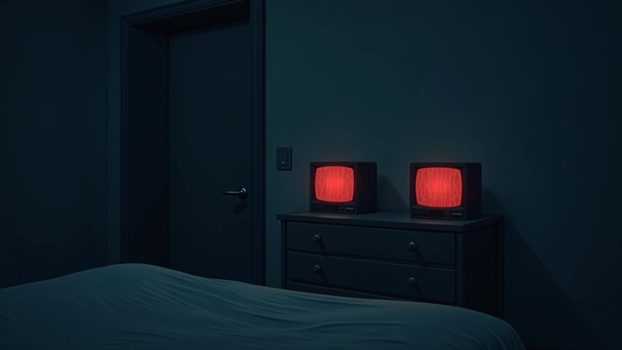 Illustration: a dim bedroom at night, two screens glowing red with static on a dresser.