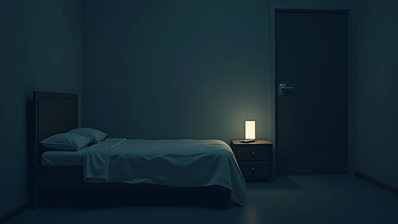 Illustration: a dim bedroom at night with a phone glowing on a nightstand.