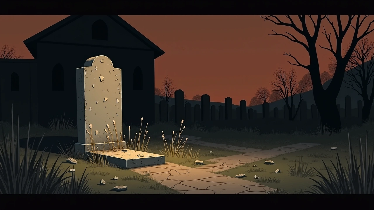 Illustration: an old cemetery at night, a small weathered grave with scattered broken decorations nearby.