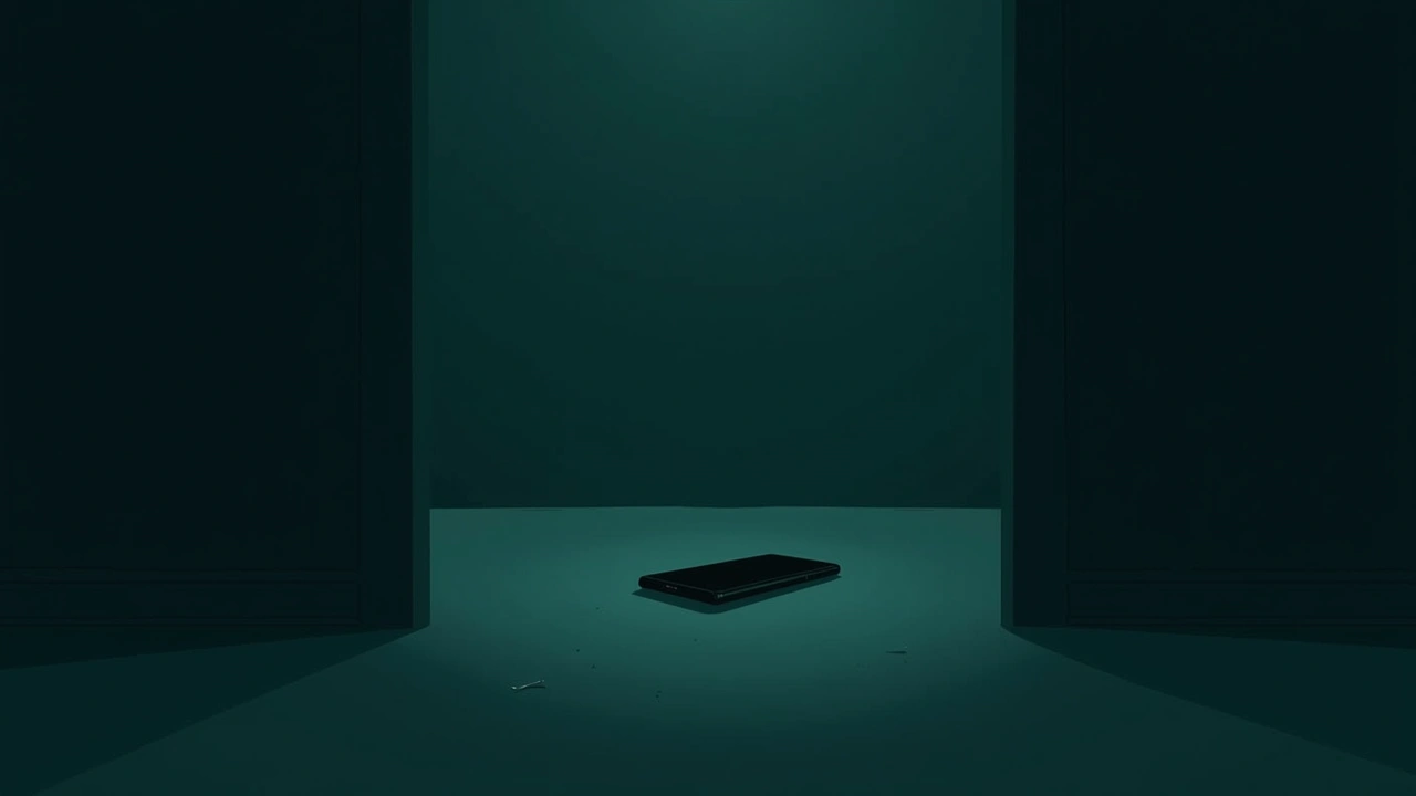 Illustration: A phone lying face-down on the floor in a dark, powerless room.