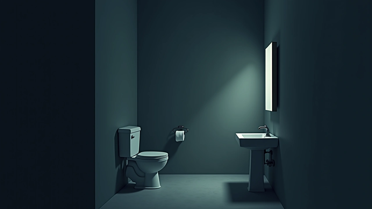 Illustration: a dim, empty bathroom at night with faint shadows near the mirror.