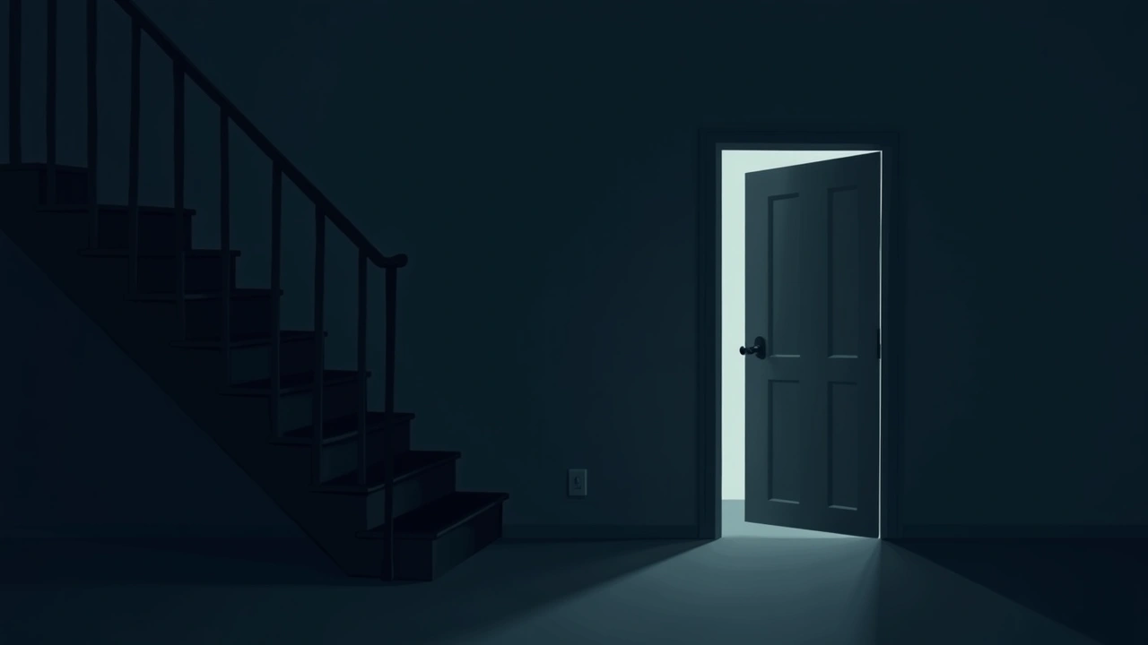 Illustration: a dim staircase in a house at night, a door swinging shut on its own.