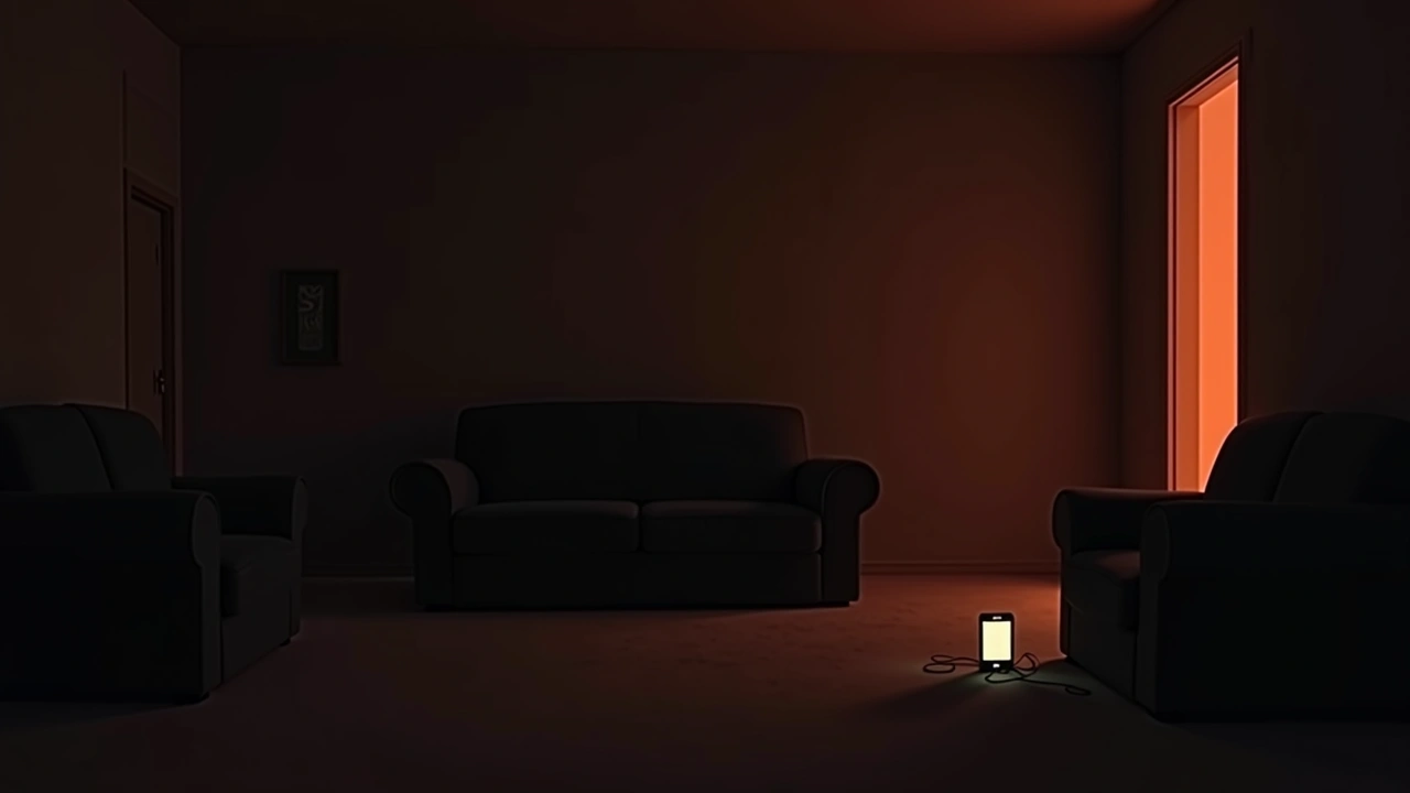 Illustration: a phone glowing in a dark, quiet living room at night.