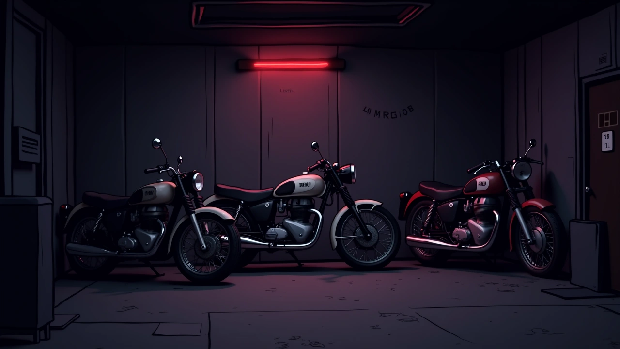 Illustration: a row of vintage motorcycles inside a dim, cluttered shop with red spirit-box lights flickering.