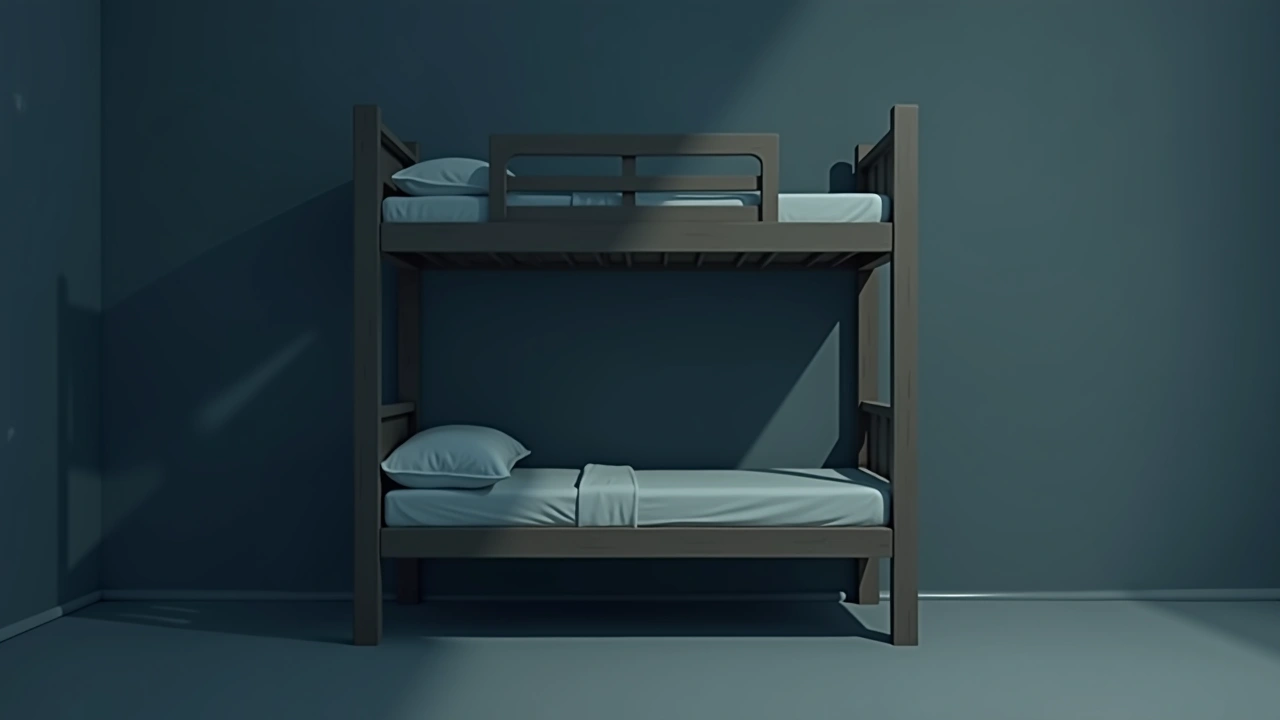 Illustration: a bunk bed against a dim bedroom wall.