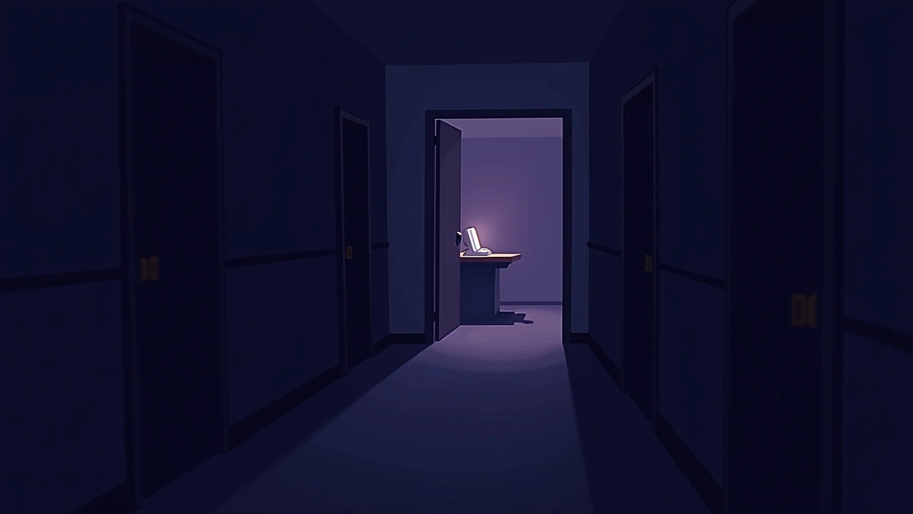 Illustration: an empty school hallway at night, a phone glowing on a distant desk.