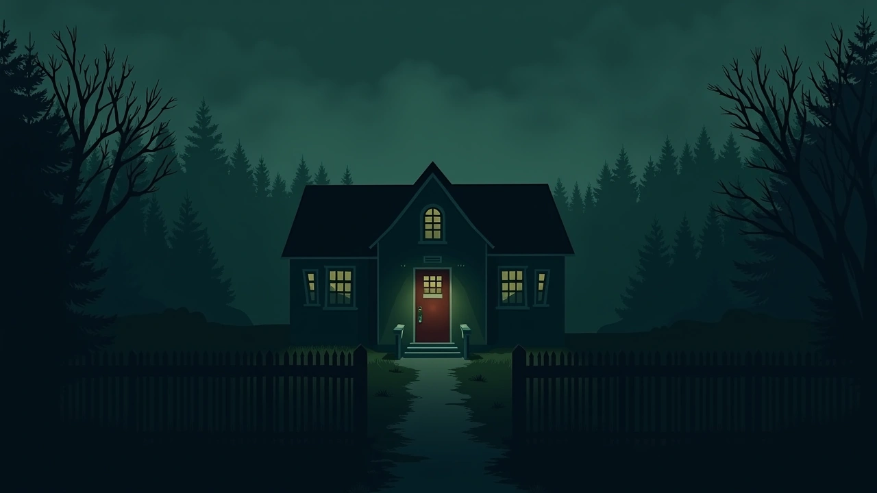 Illustration: a funeral home viewed at dusk from a nearby backyard fence.