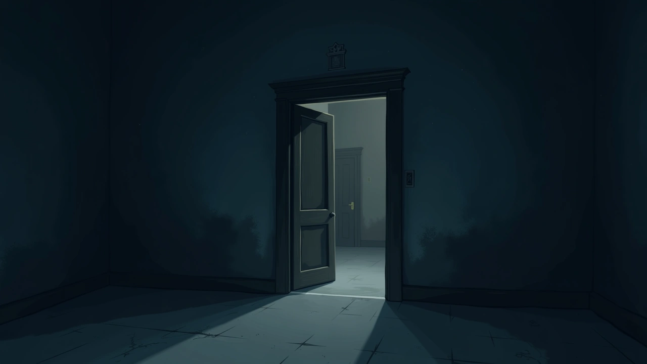 Illustration: a dim hallway inside an old church building at night, one door left ajar.