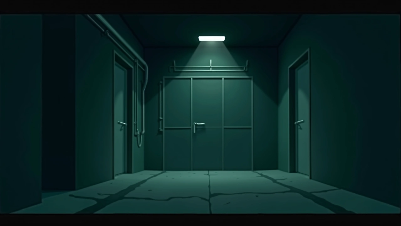 Illustration: a dim basement garage with a heavy door at the far end.