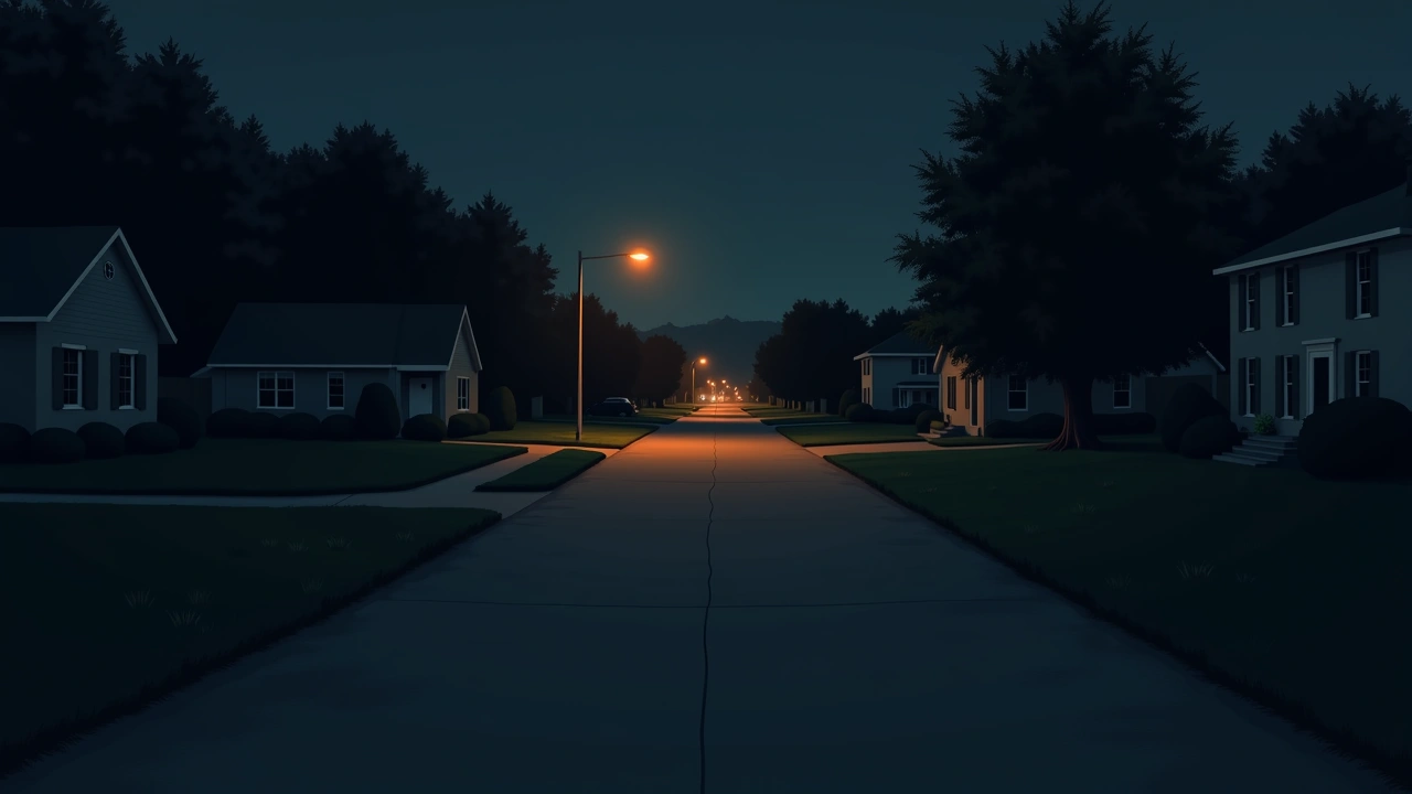Illustration: a quiet residential driveway at dusk near a busy highway in the distance.