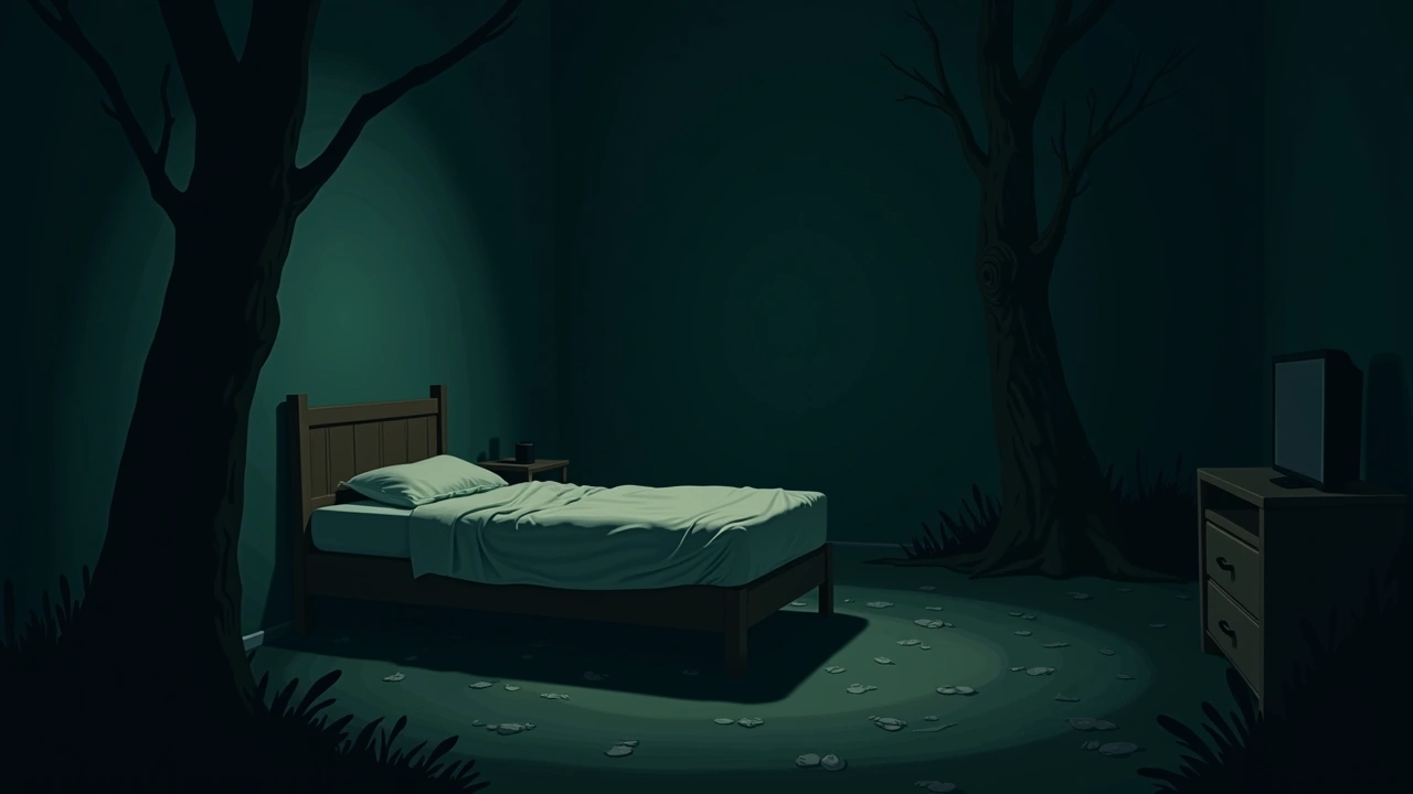 Illustration: a dim bedroom at night, a child's bed with shadows pooling underneath.