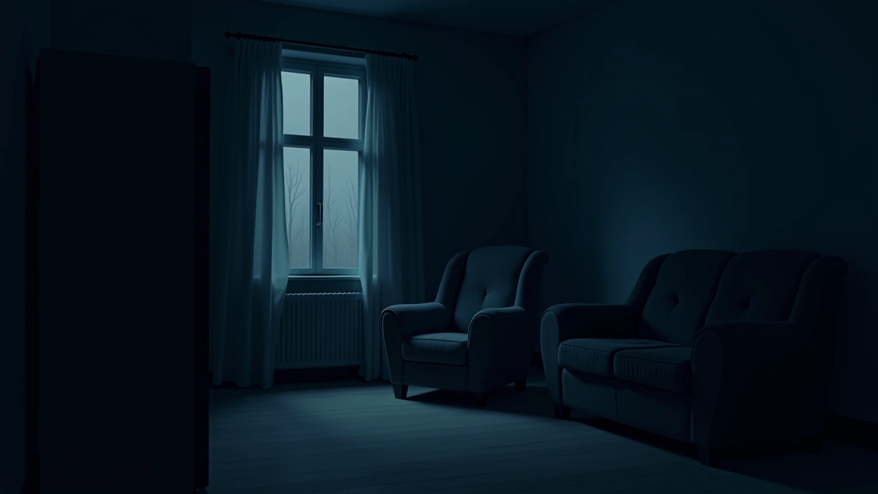 Illustration: a quiet, sunlit living room in an old family house, an empty armchair by the window.